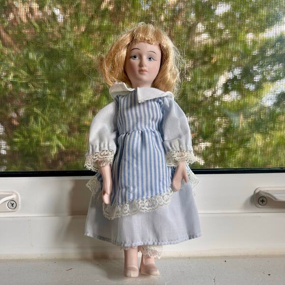 Vintage Porcelain Doll in Blue and White Dress – 8” Tall - Picture 1 of 14